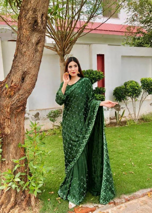 Stitched Shamoz Silk Saree with Pearl & Stone Work - Shiwani Apparels