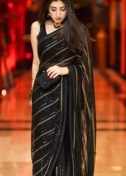 Luxury Stitched Black Chiffon Saree - Shiwani Apparels